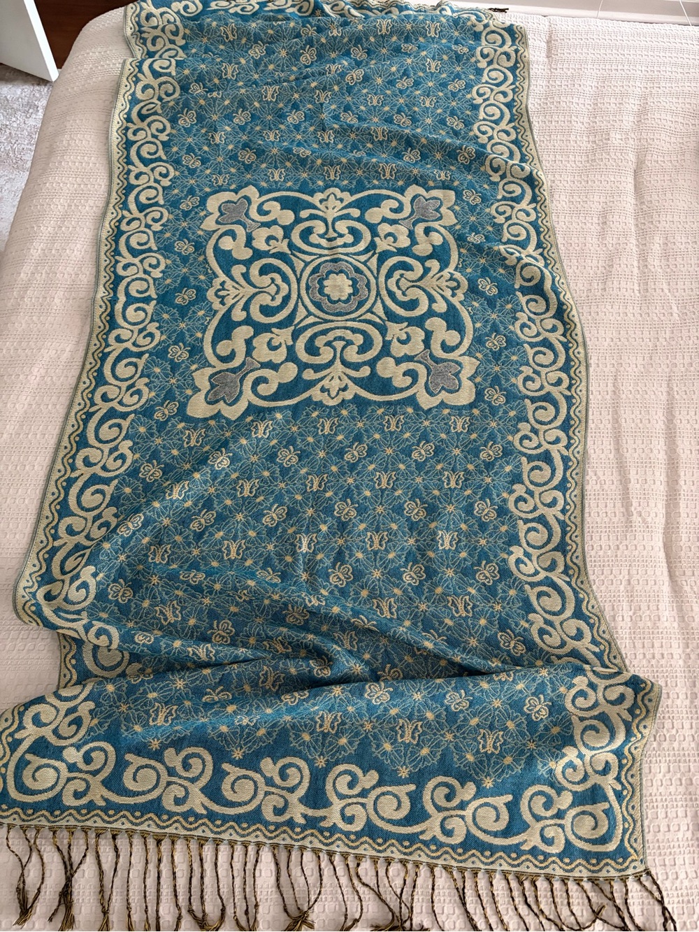 Pashmina Teal Gold Floral Butterfly Jacquard Fringe Scarf 68X27 - Picture 4 of 10